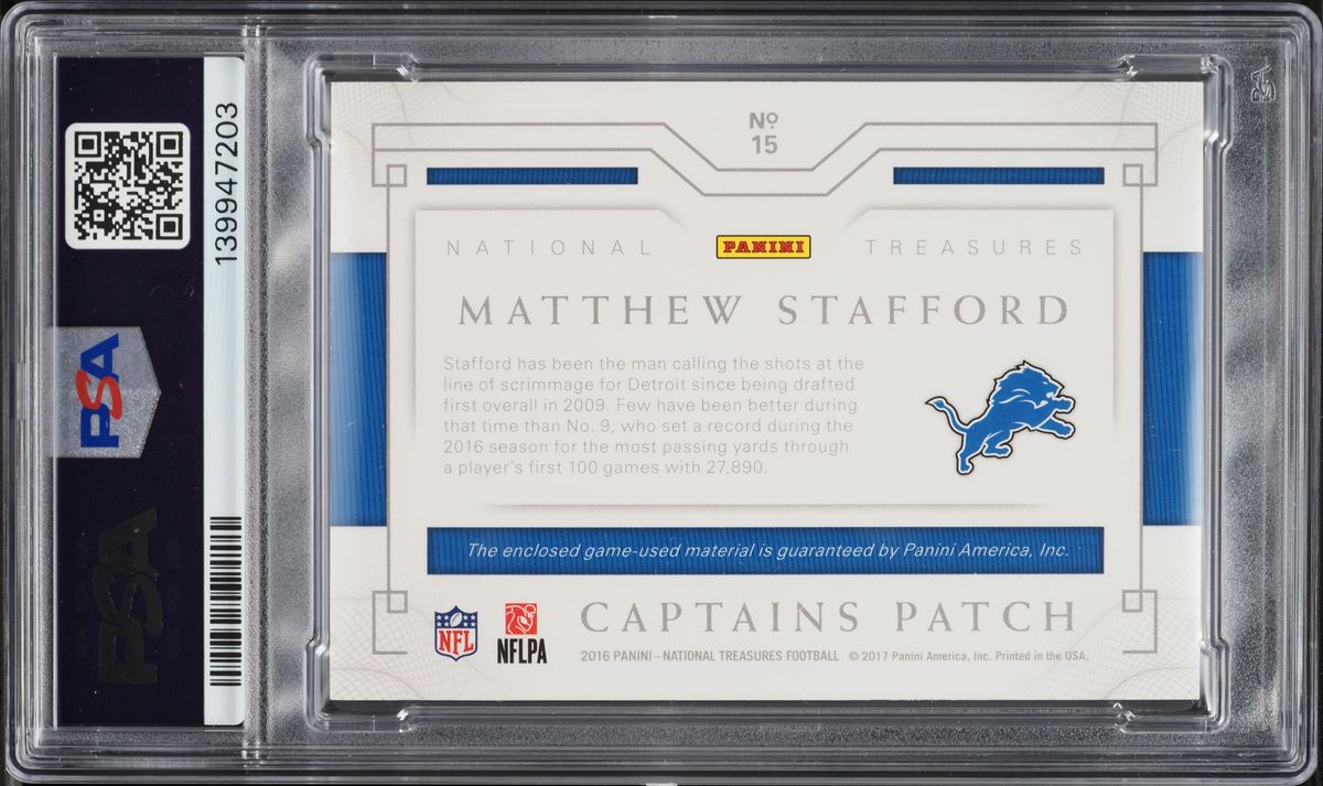 2016 National Treasures NFL Captains Patch Matthew Stafford GAME WORN PATCH 1/1 #15 PSA AUTH - Photo 2