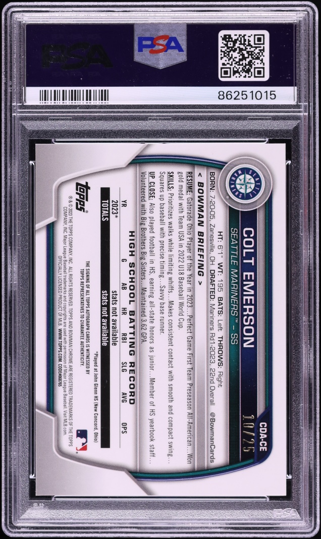 2023 Bowman Chrome Orange Refractor Colt Emerson PROSPECT AUTO /25 #CDA-CE PSA 10 GEM MINT