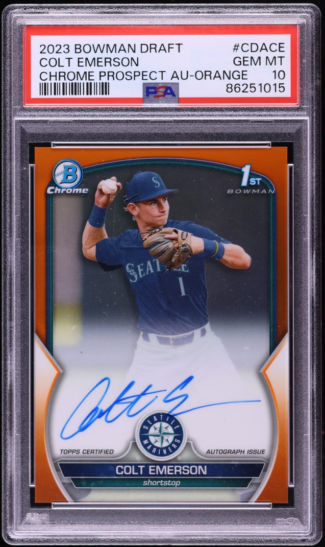 2023 Bowman Chrome Orange Refractor Colt Emerson PROSPECT AUTO /25 #CDA-CE PSA 10 GEM MINT