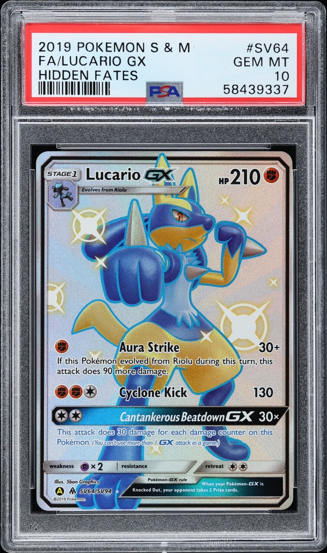 2019 Pokemon Sun & Moon Hidden Fates Full Art Shiny Lucario GX #SV64 PSA 10 GEM MINT
