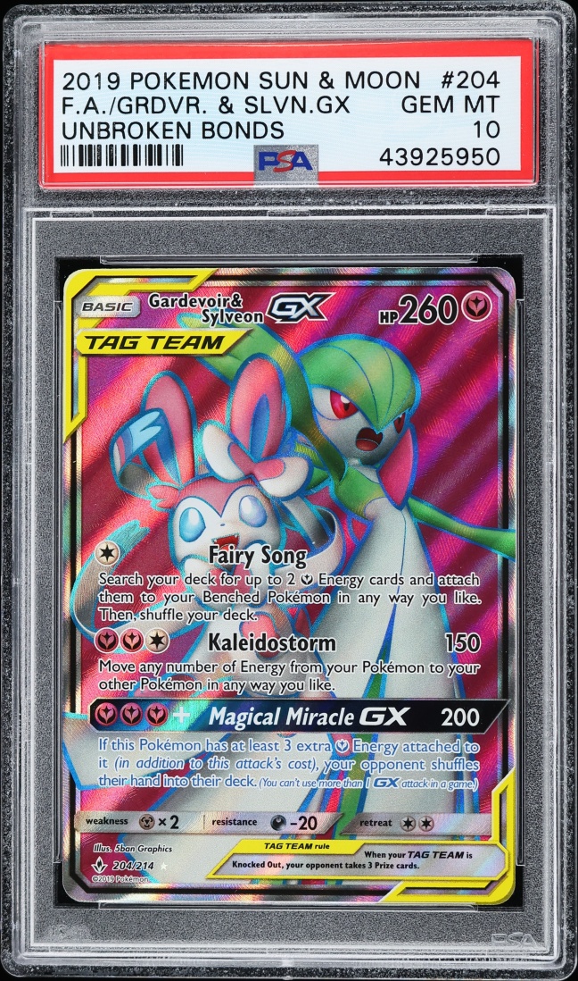2019 Pokemon Sun & Moon Unbroken Bonds Full Art Gardevoir & Sylveon GX #204 PSA 10 GEM MINT