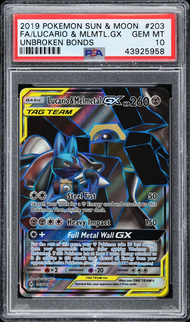 2019 Pokemon Sun & Moon Unbroken Bonds Full Art Lucario & Melmetal GX #203 PSA 10 GEM MINT