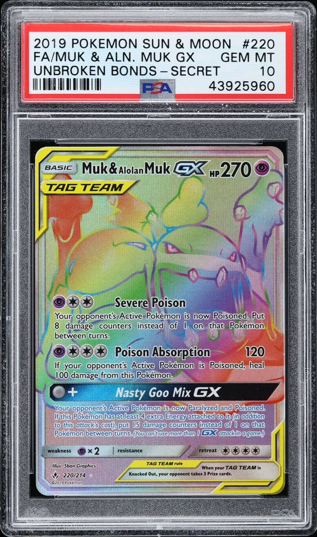 2019 Pokemon Sun & Moon Unbroken Bonds Rainbow Rare Muk & Alolan Muk GX #220 PSA 10 GEM MINT
