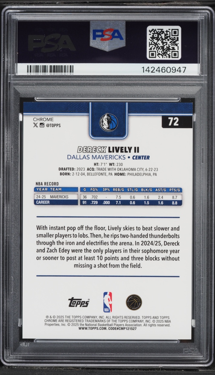 2025 Topps Chrome Silver Refractor Dereck Lively II /12 #72 PSA 10 GEM MINT