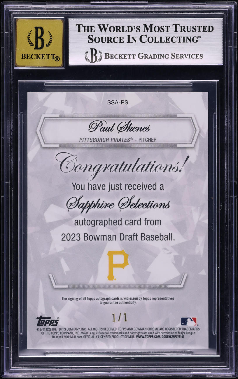 2023 Bowman Chrome Draft Sapphire Superfractor Paul Skenes RC AUTO 1/1 BGS 8.5