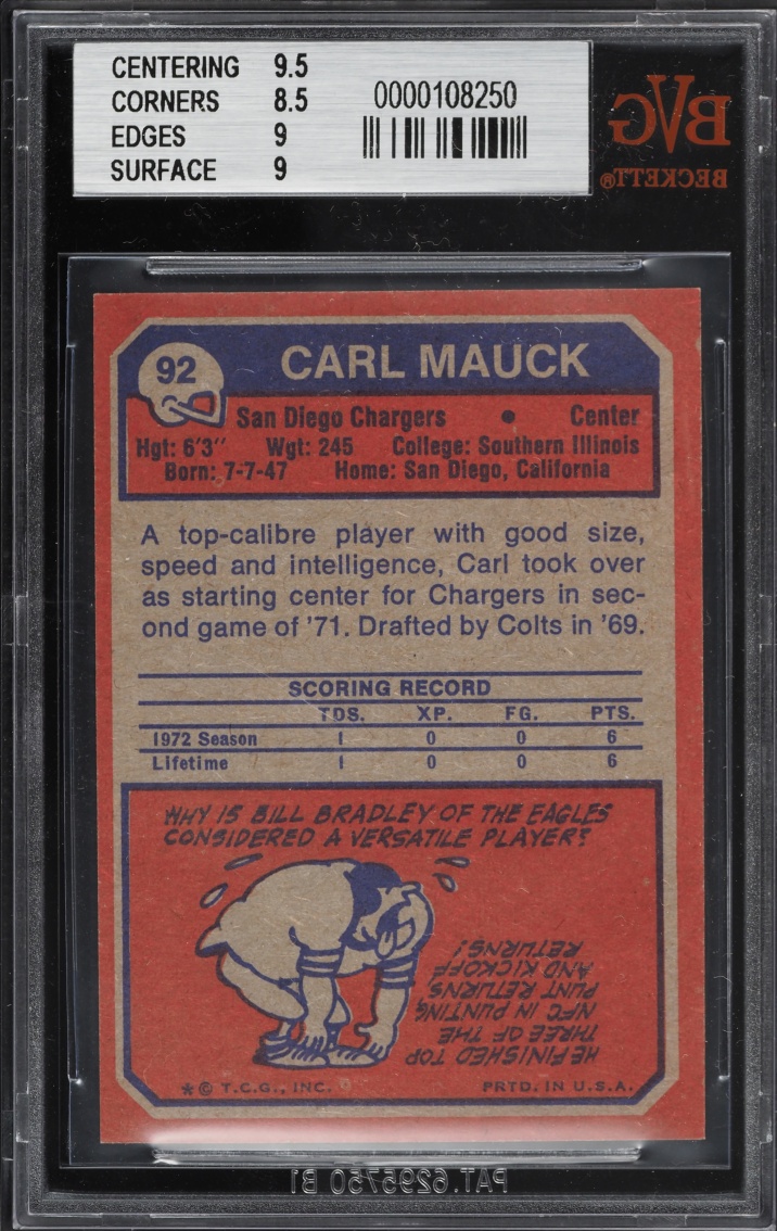1973 Topps Football Carl Mauck ROOKIE #92 BVG 9 MINT