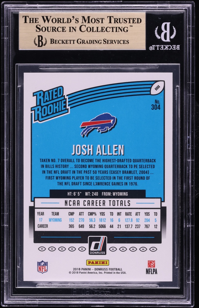 2018 Donruss Football Josh Allen ROOKIE #304 BGS 10 PRISTINE