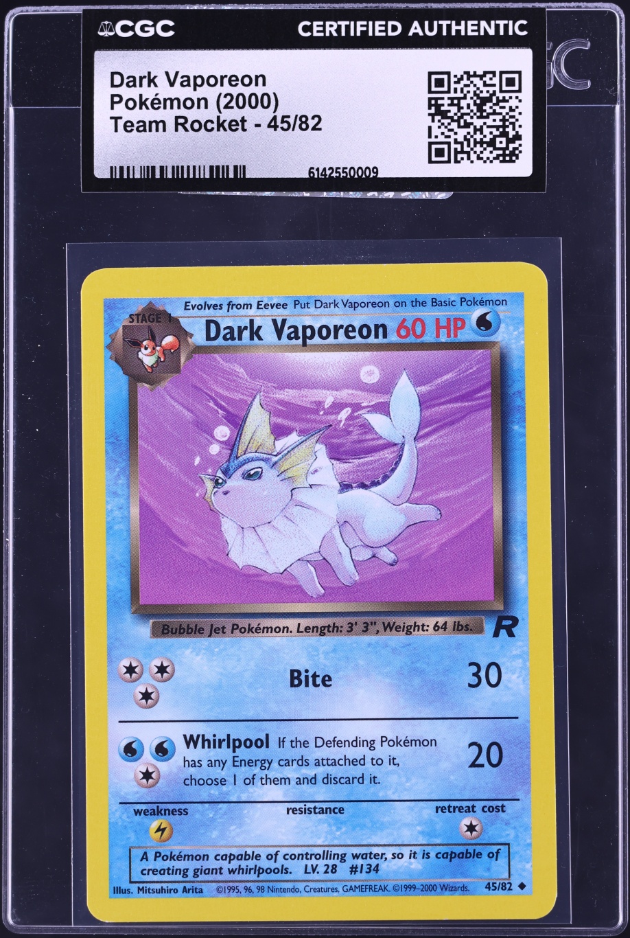 2000 Pokemon Team Rocket Dark Vaporeon #45 CGC AUTH
