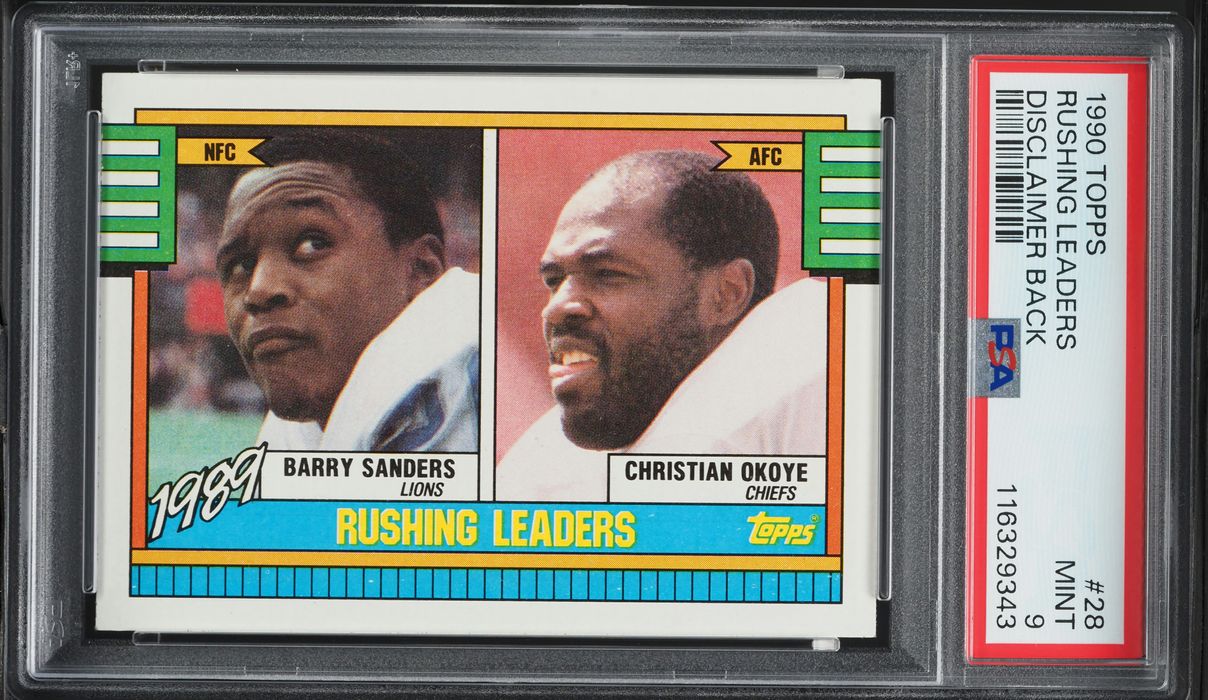 1990 Topps Football Barry Sanders & Christian Okoye RUSHING LEADERS #28 PSA 9 MINT