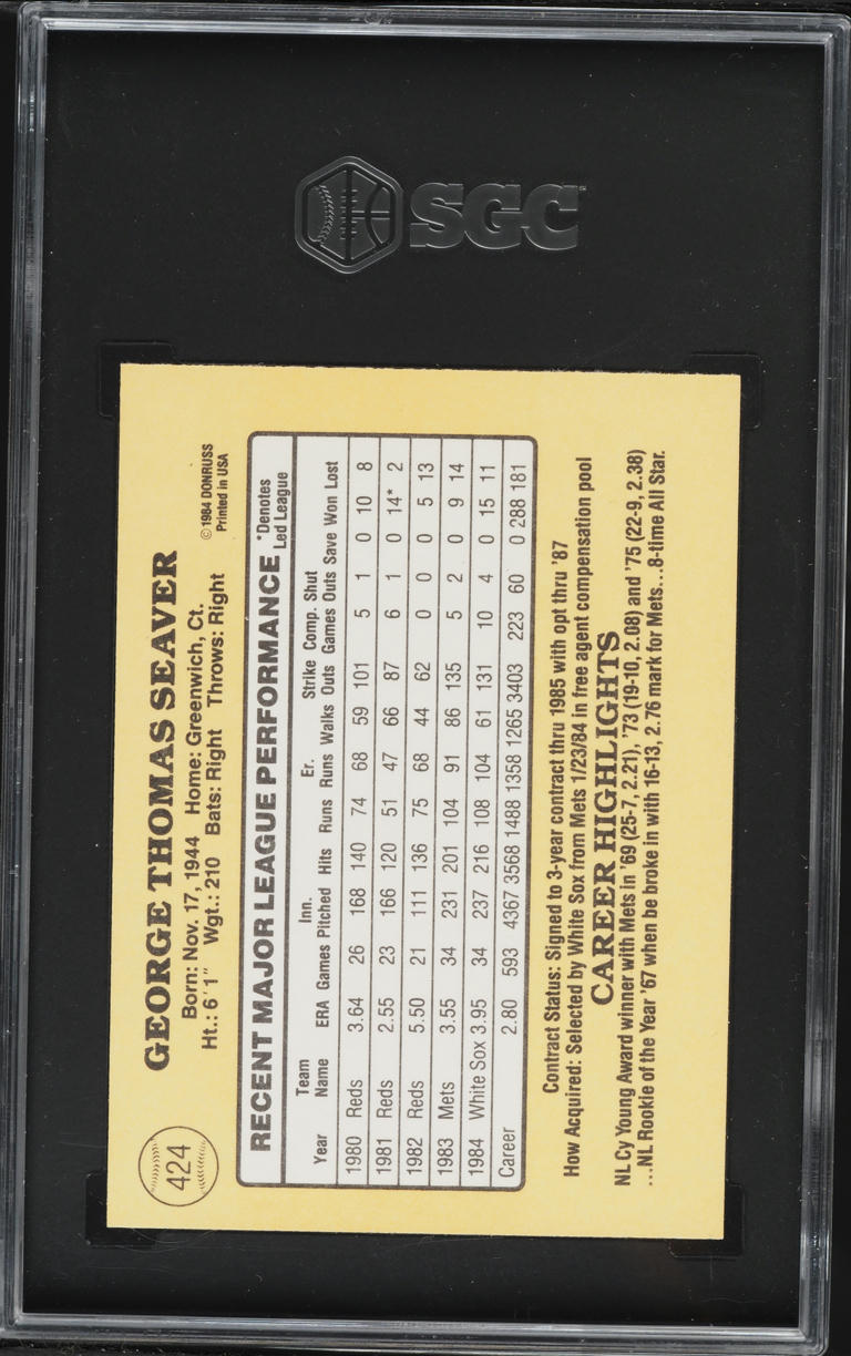 1985 Donruss Tom Seaver F. BANNISTER PICTURED #424 SGC 8 NM-MT
