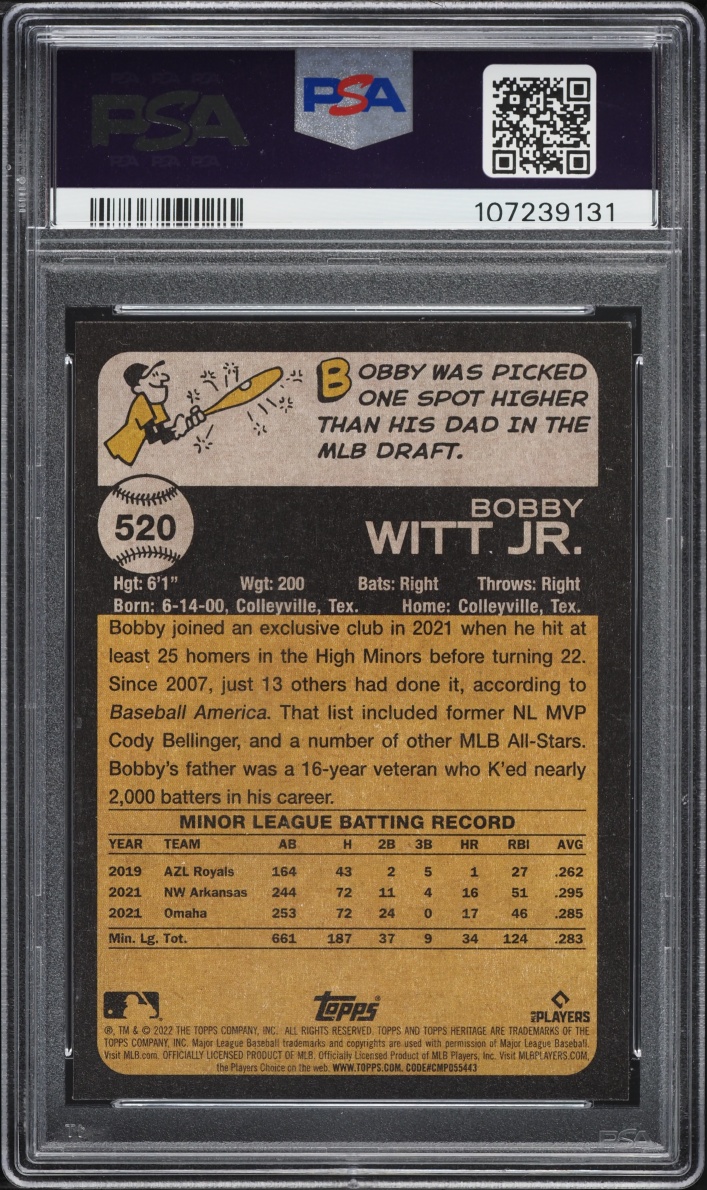 2022 Topps Heritage Bobby Witt Jr ROOKIE #520 PSA 9 MINT