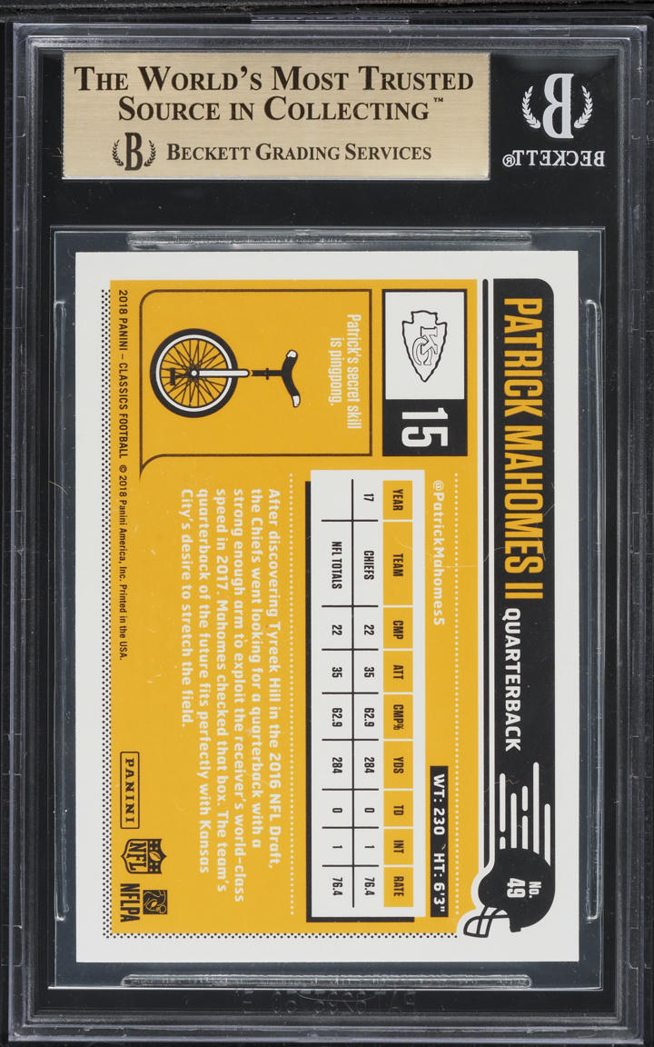 2018 Panini Classics Patrick Mahomes II #49 BGS 9.5 GEM MINT