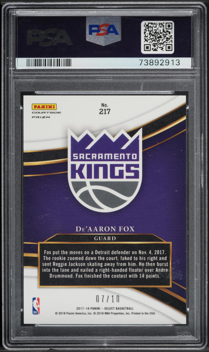 2017 Select Courtside Gold Prizm De'Aaron Fox ROOKIE /10 #217 PSA 10 GEM MINT