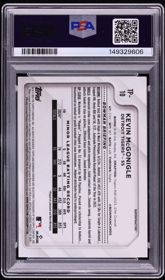 2025 Topps Chrome NSCC Silver Pack Superfractor Kevin McGonigle PROSPECT 1/1 #TP-10 PSA 9 MINT
