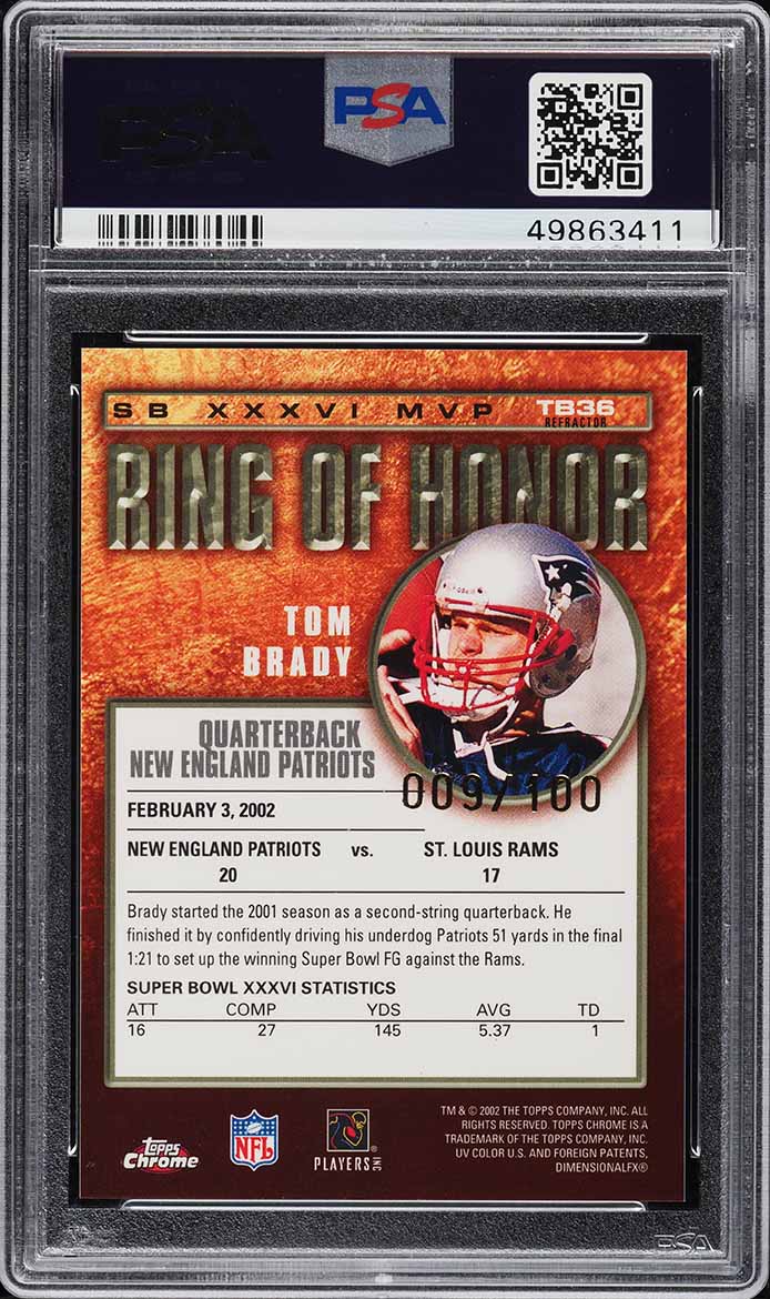 2002 Topps Chrome Ring Of Honor Refractor Tom Brady /100 #TB36 PSA 9 MINT