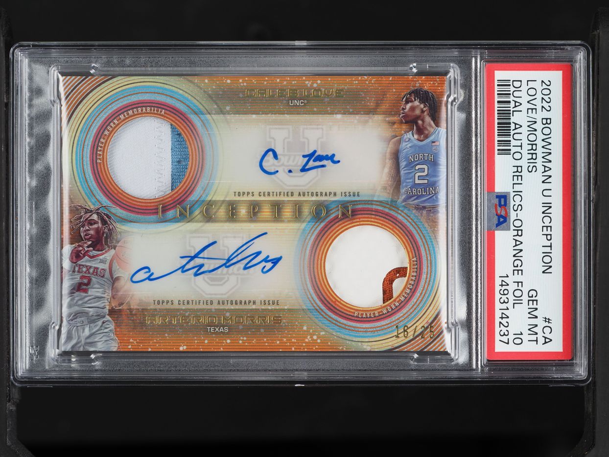 2022 Bowman University Inception Dual Orange Foil Love Morris PATCH AUTO /25 #CA PSA 10 GEM