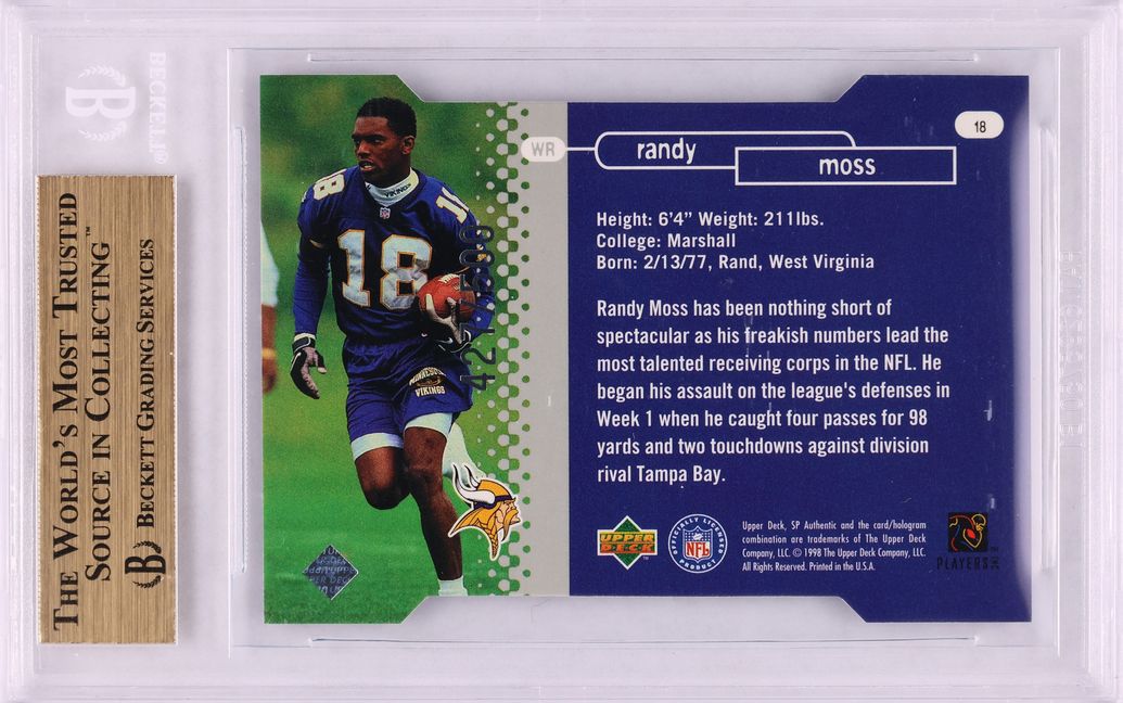 1998 SP Authentic Die-Cut Randy Moss ROOKIE /500 #18 BGS 10 PRISTINE