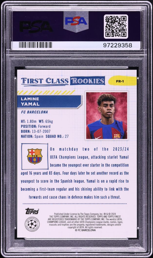 2023 Finest UEFA First Class Rookies Lamine Yamal ROOKIE 1/1 #FR1 PSA 10 GEM MINT