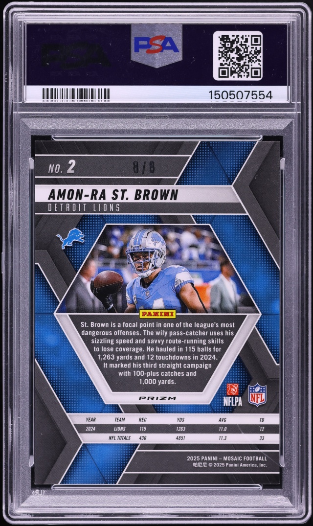 2025 Panini Mosaic Black Gold Choice Amon-Ra St. Brown 8/8 #2 PSA 9 MINT - Photo 2