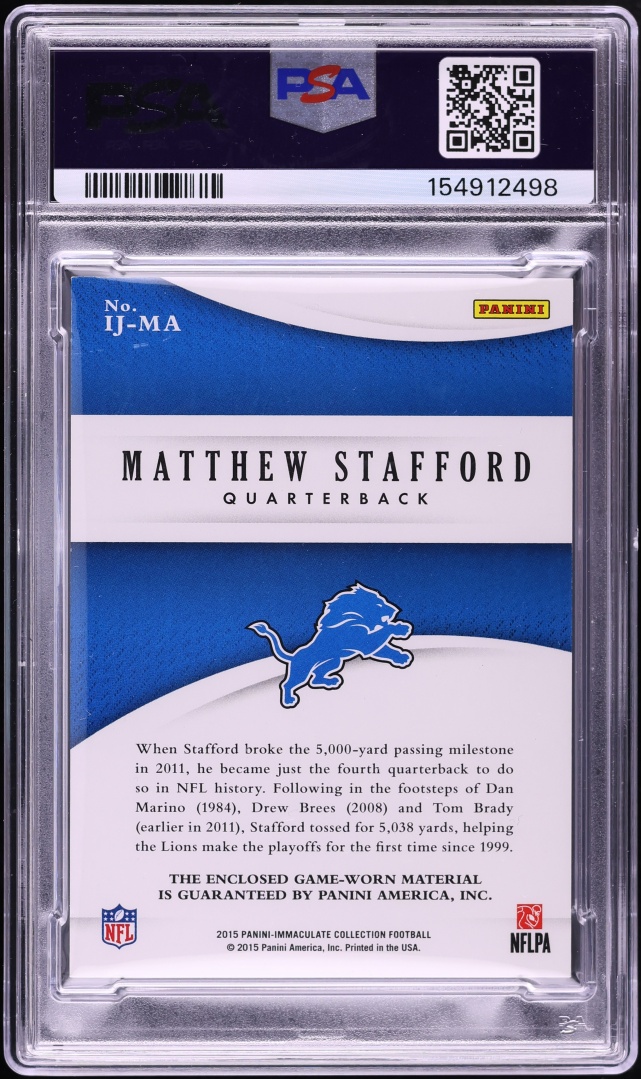 2015 Immaculate Collection Matthew Stafford GAME WORN TAG PATCH 1/1 #IJ-MA PSA AUTH - Photo 2