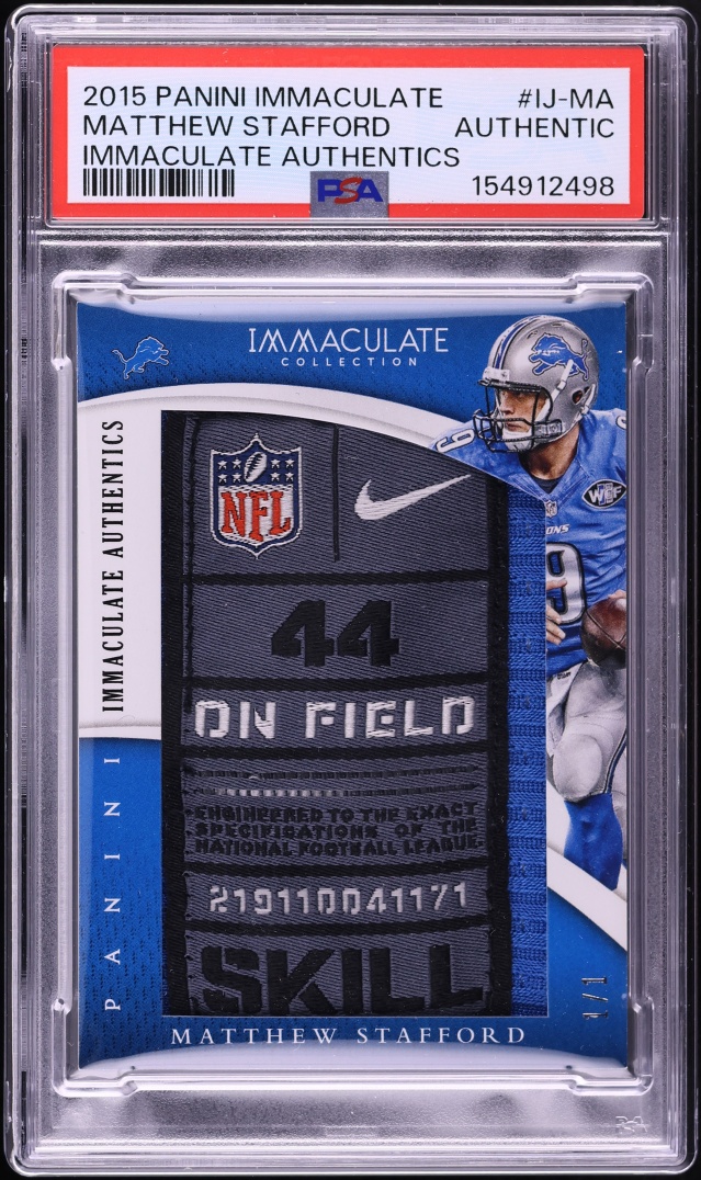 2015 Immaculate Collection Matthew Stafford GAME WORN TAG PATCH 1/1 #IJ-MA PSA AUTH
