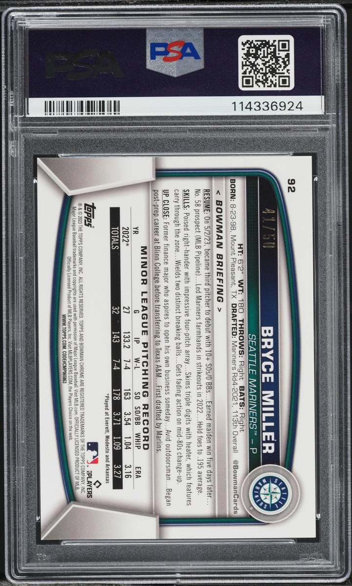 2023 Bowman Chrome Gold Refractor Bryce Miller ROOKIE /50 #92 PSA 10 GEM MINT
