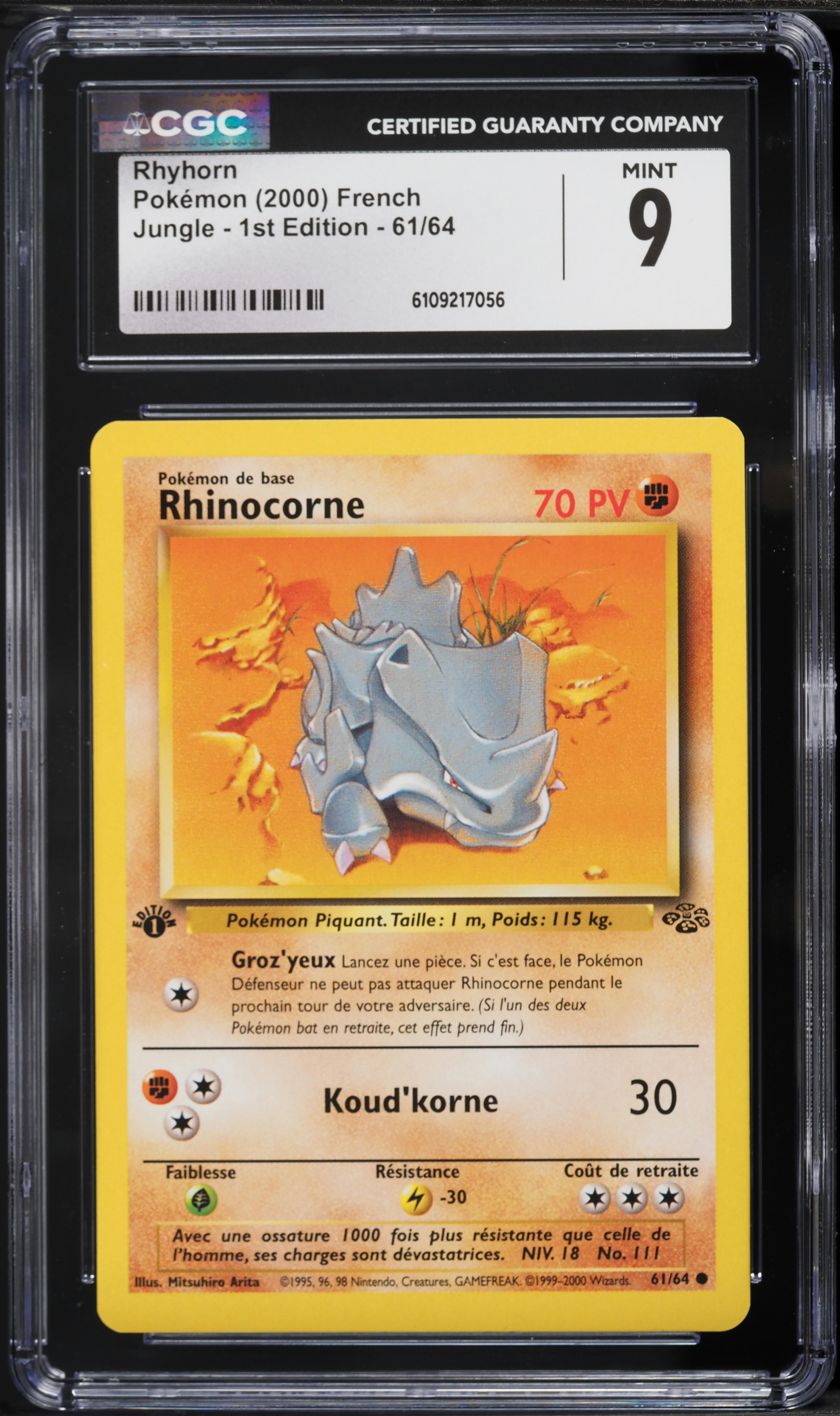 2000 Pokemon French Jungle 1st Edition Rhyhorn #61 CGC 9 MINT