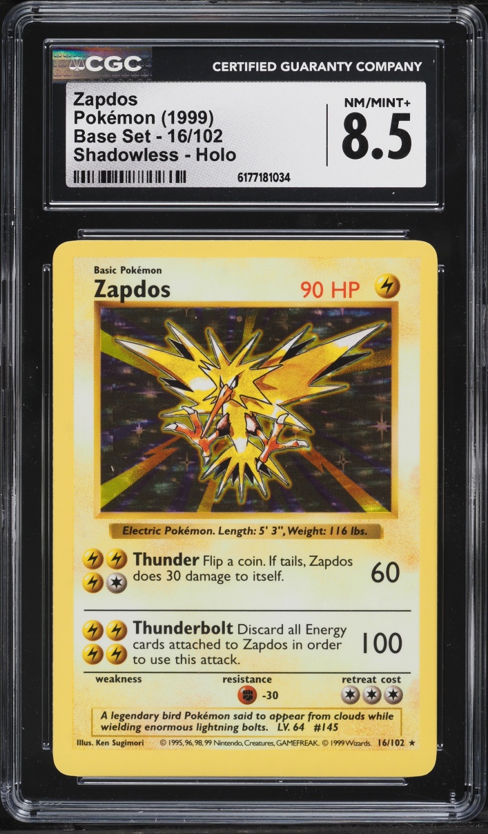 1999 Pokemon Base Set Shadowless Holo Zapdos #16 CGC 8.5 NM-MT+