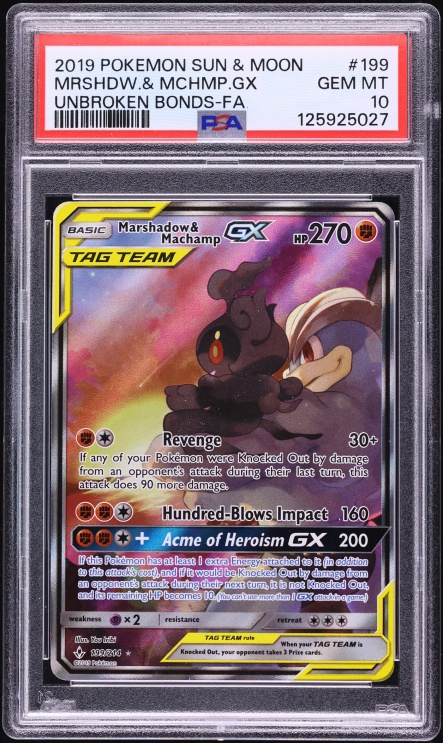 2019 Pokemon Sun & Moon Unbroken Bonds Full Art Marshadow & Machamp GX #199 PSA 10 GEM MINT