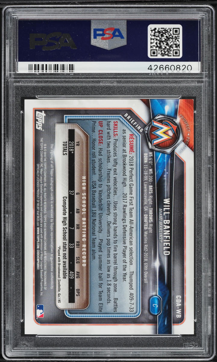 2018 Bowman Chrome Draft Sparkle Refractor Will Banfield PROSPECT AUTO /69 PSA 9