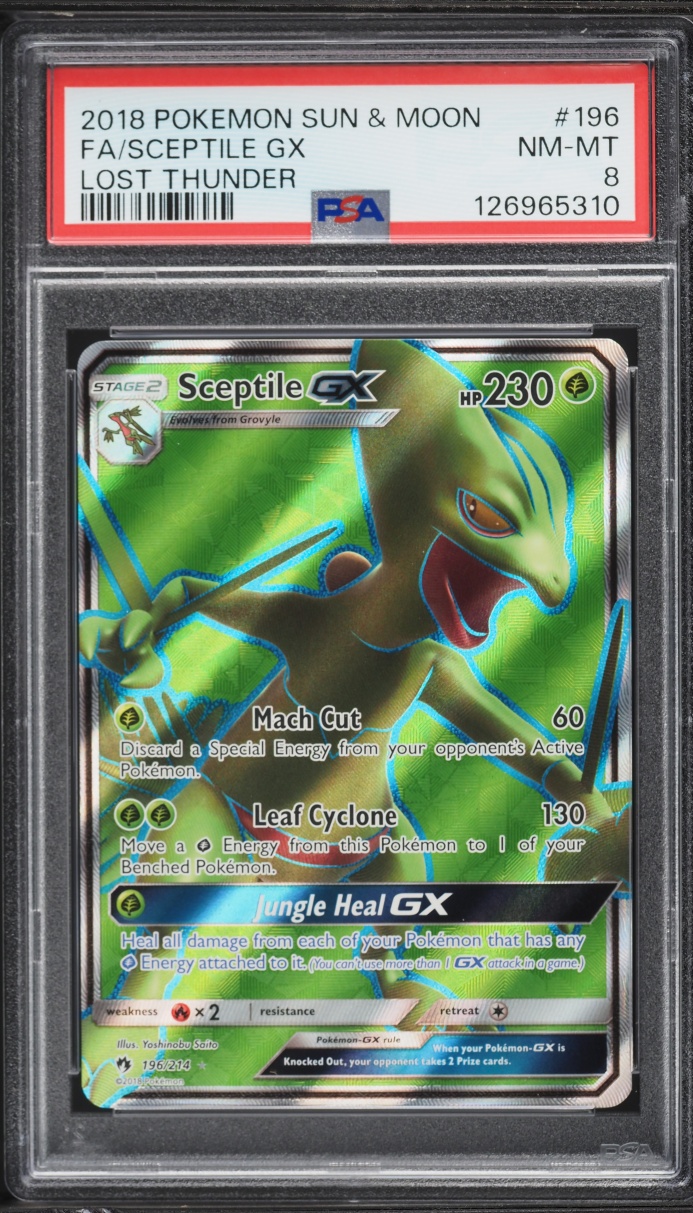 2018 Pokemon Sun & Moon Lost Thunder Full Art Sceptile GX #196 PSA 8 NM-MT