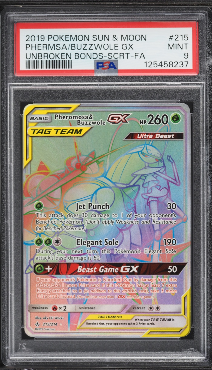 2019 Pokemon Sun & Moon Unbroken Bonds Rainbow Rare Pheromosa Buzzwole GX #215 PSA 9 MINT