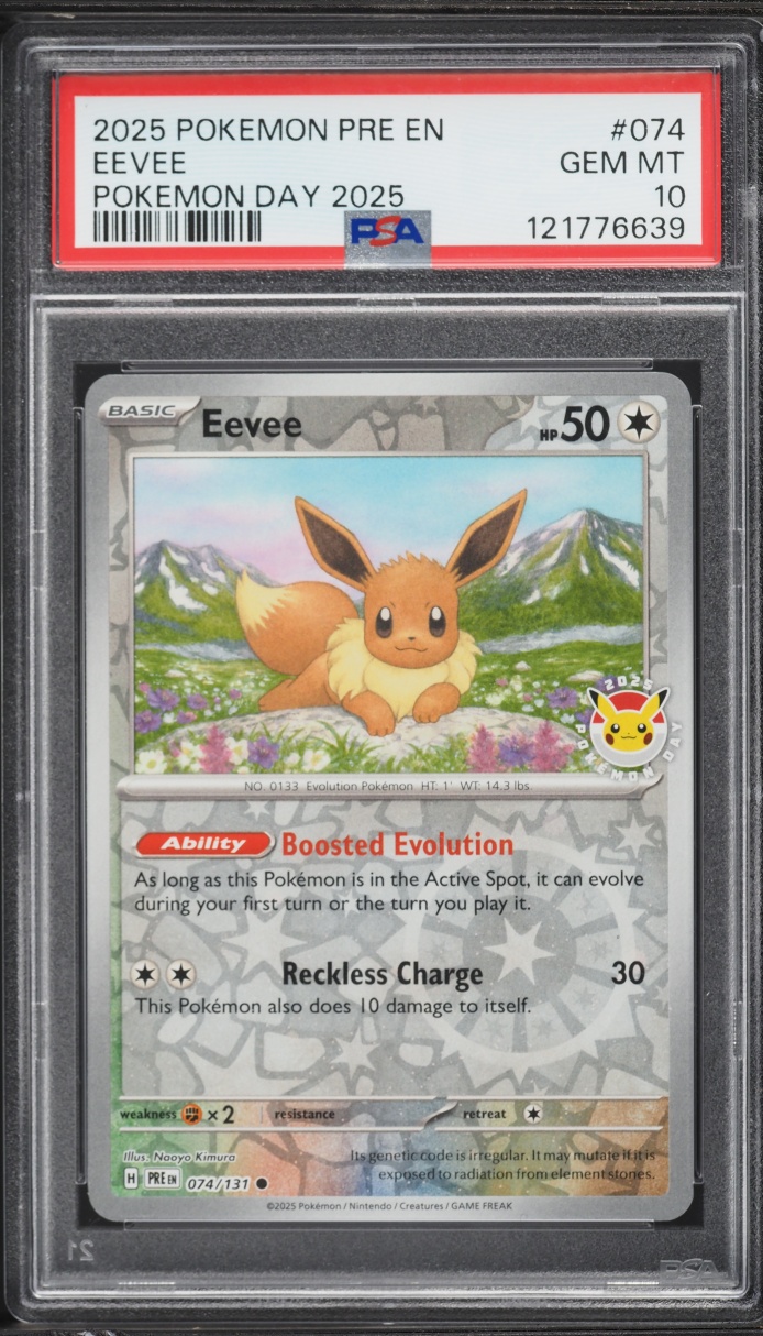 2025 Pokemon SV Prismatic Evolutions Day '25 Reverse Holo Eevee #74 PSA 10 GEM MINT