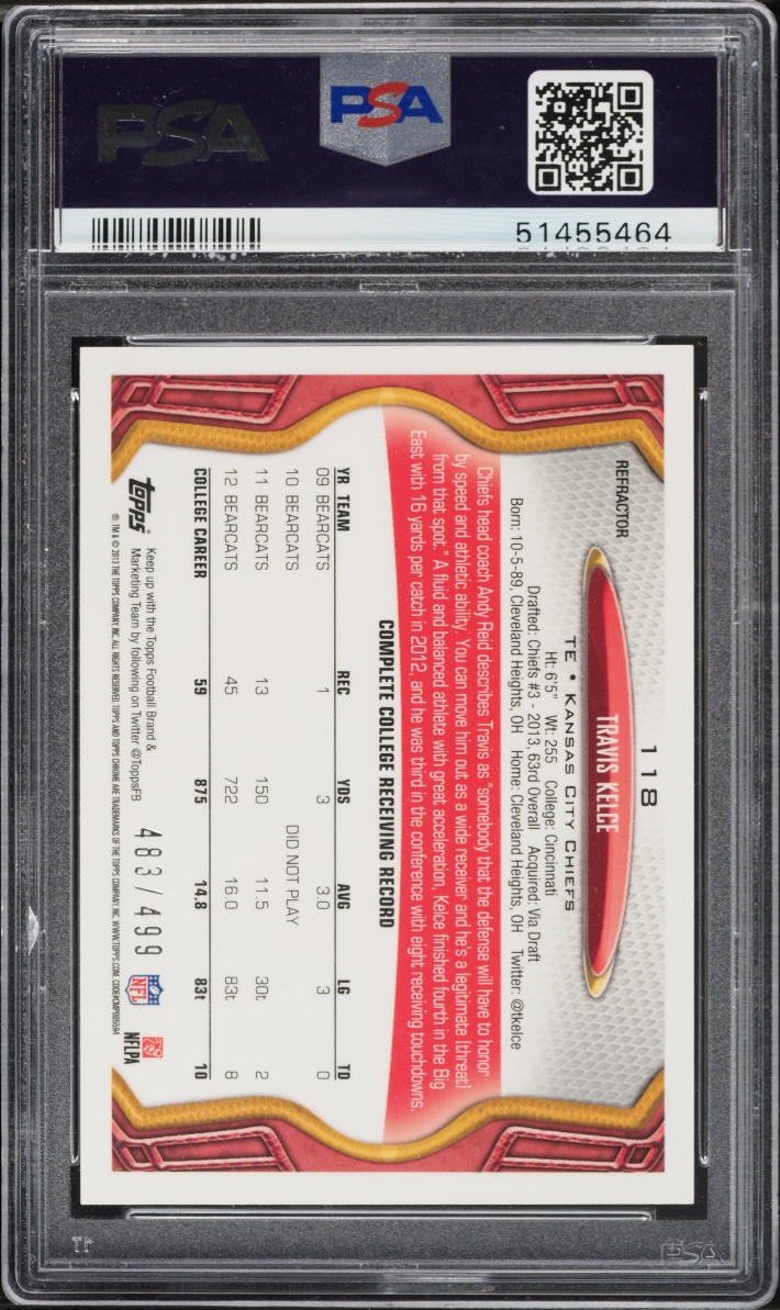2013 Topps Chrome Camouflage Refractor Travis Kelce ROOKIE /499 #118 PSA 10 GEM MINT