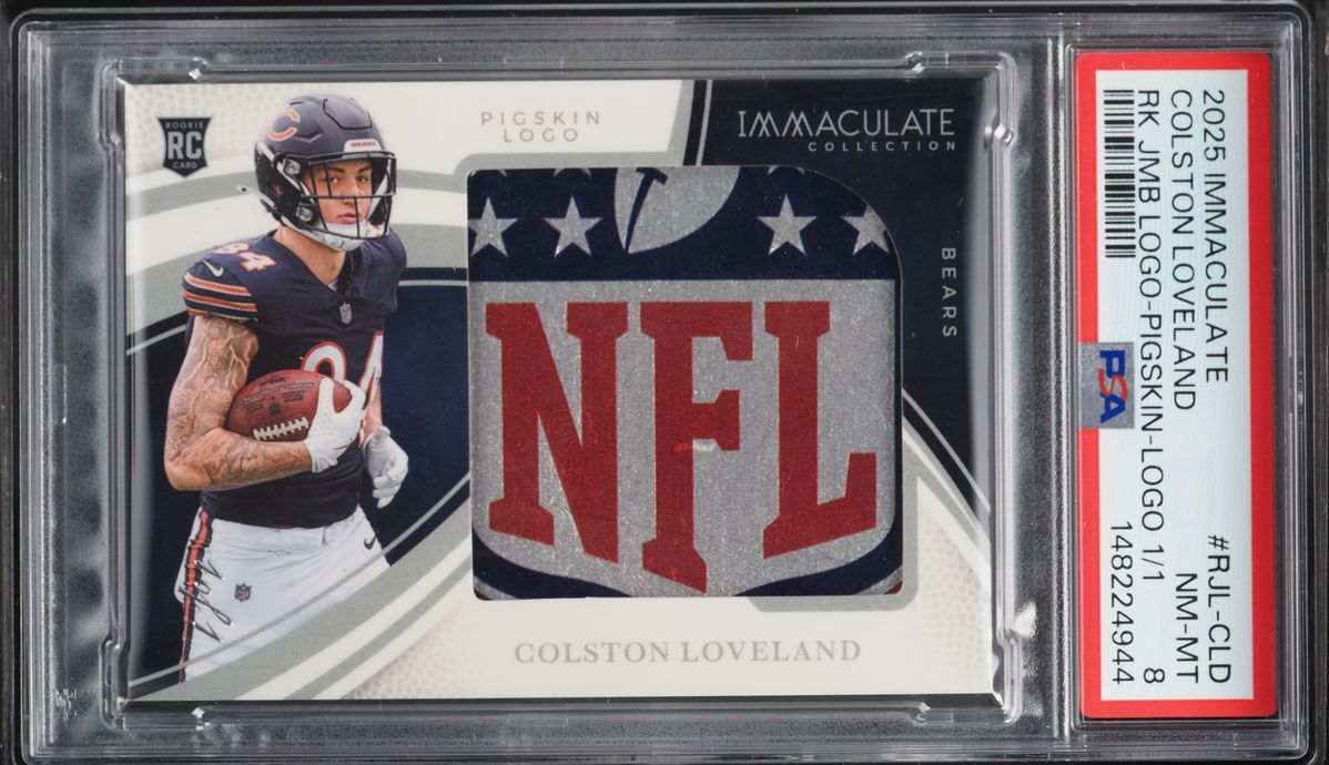 2025 Immaculate Collection Jumbo Pigskin Logo Colston Loveland ROOKIE PATCH 1/1 PSA 8 NM-MT