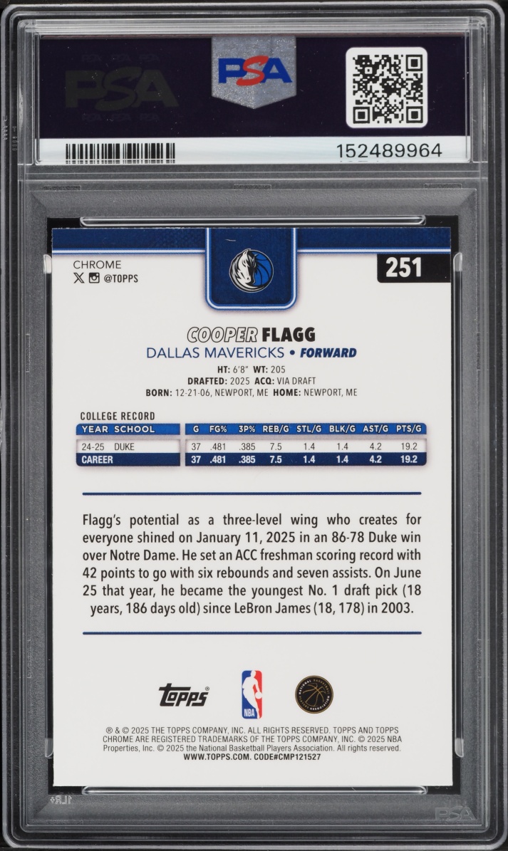 2025 Topps Chrome Sapphire Edition Cooper Flagg ROOKIE #251 PSA 8 NM-MT