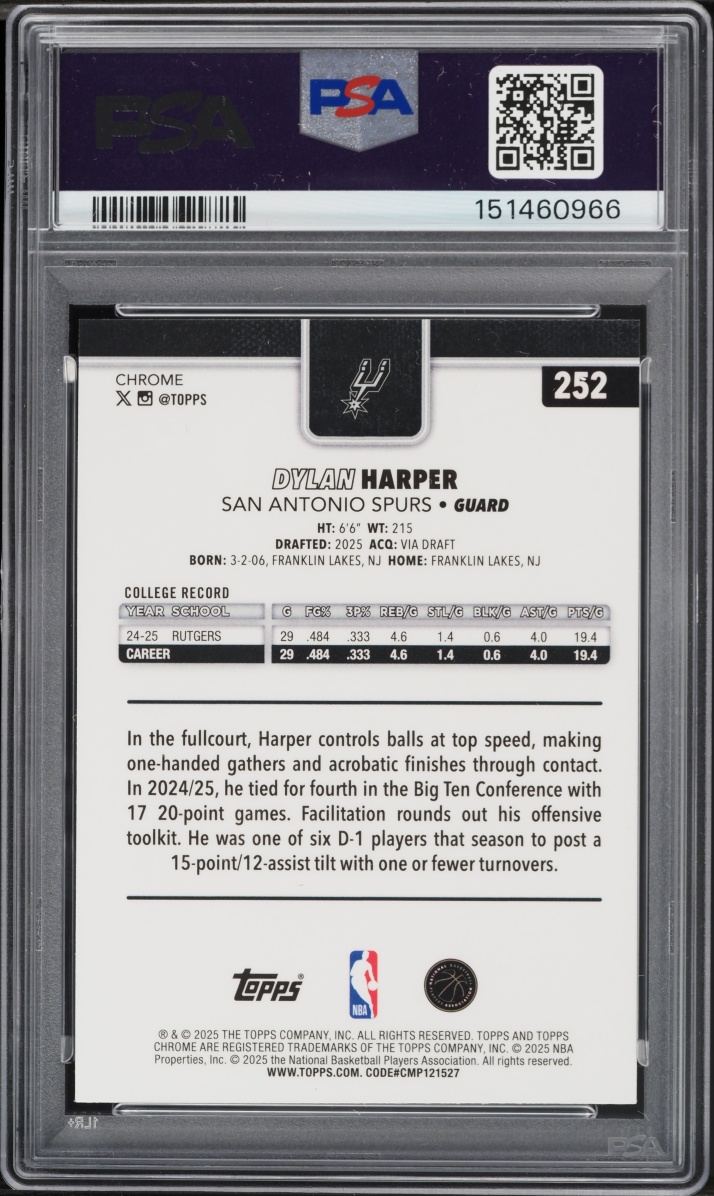 2025 Topps Chrome Sapphire Edition Dylan Harper ROOKIE #252 PSA 10 GEM MINT