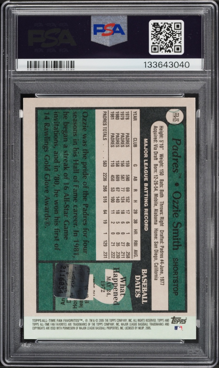 2005 Topps All Time Fan Favorites Ozzie Smith AUTO DNA 10 #FFA-OS PSA 7 NRMT