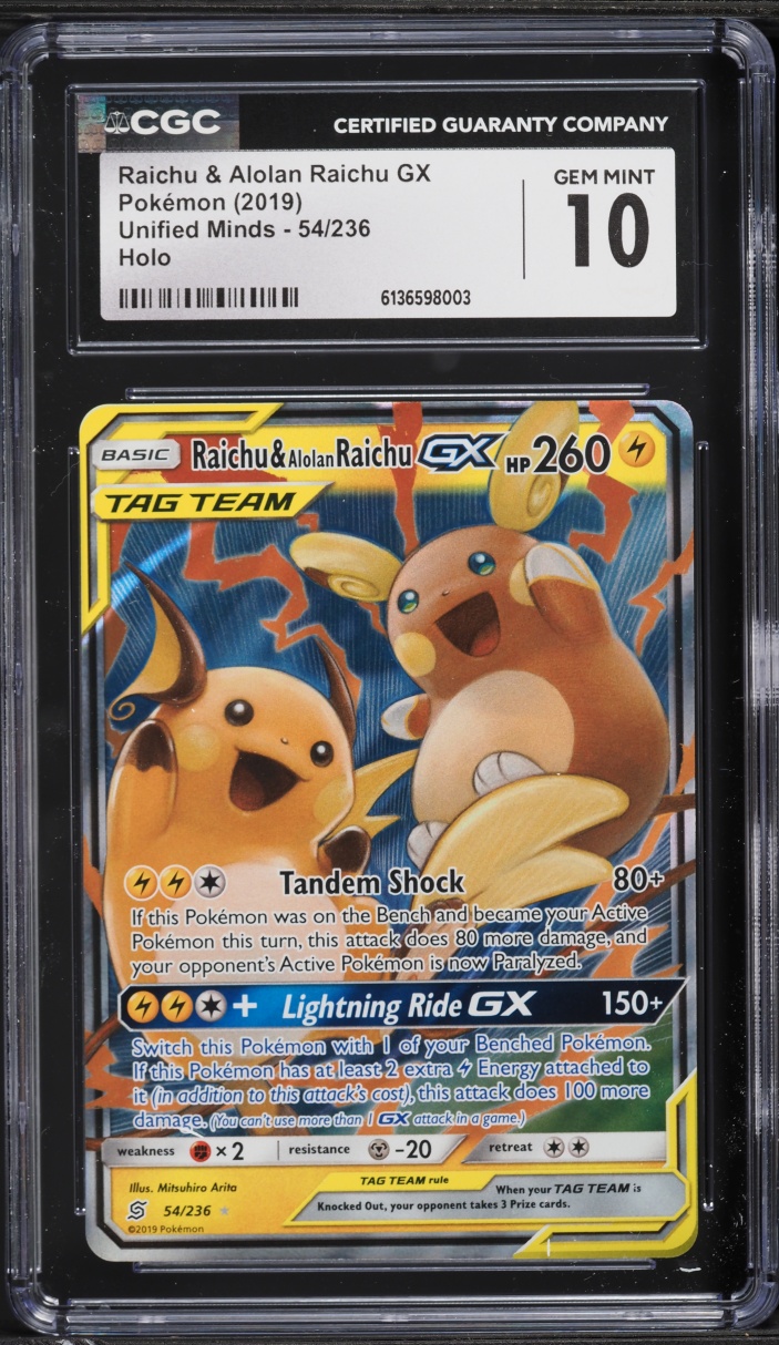 2019 Pokemon Sun & Moon Unified Minds Raichu & Alolan Raichu GX #54 CGC 10 GEM MINT