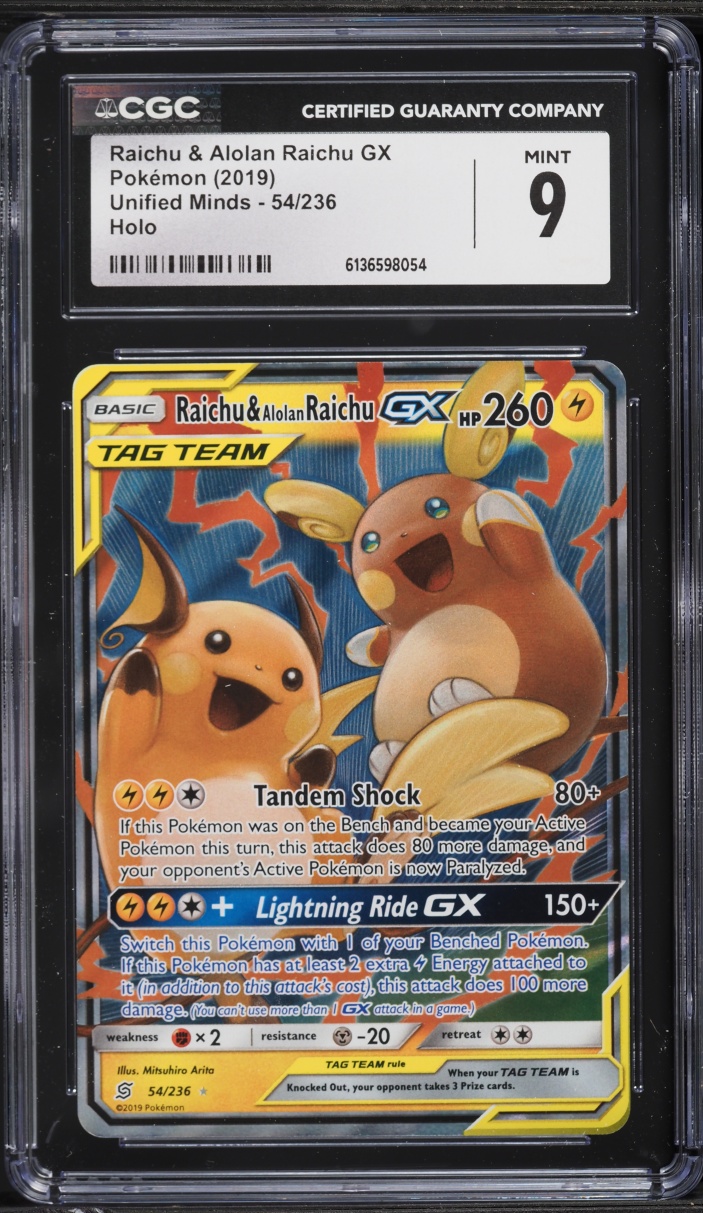 2019 Pokemon Sun & Moon Unified Minds Raichu & Alolan Raichu GX #54 CGC 9 MINT