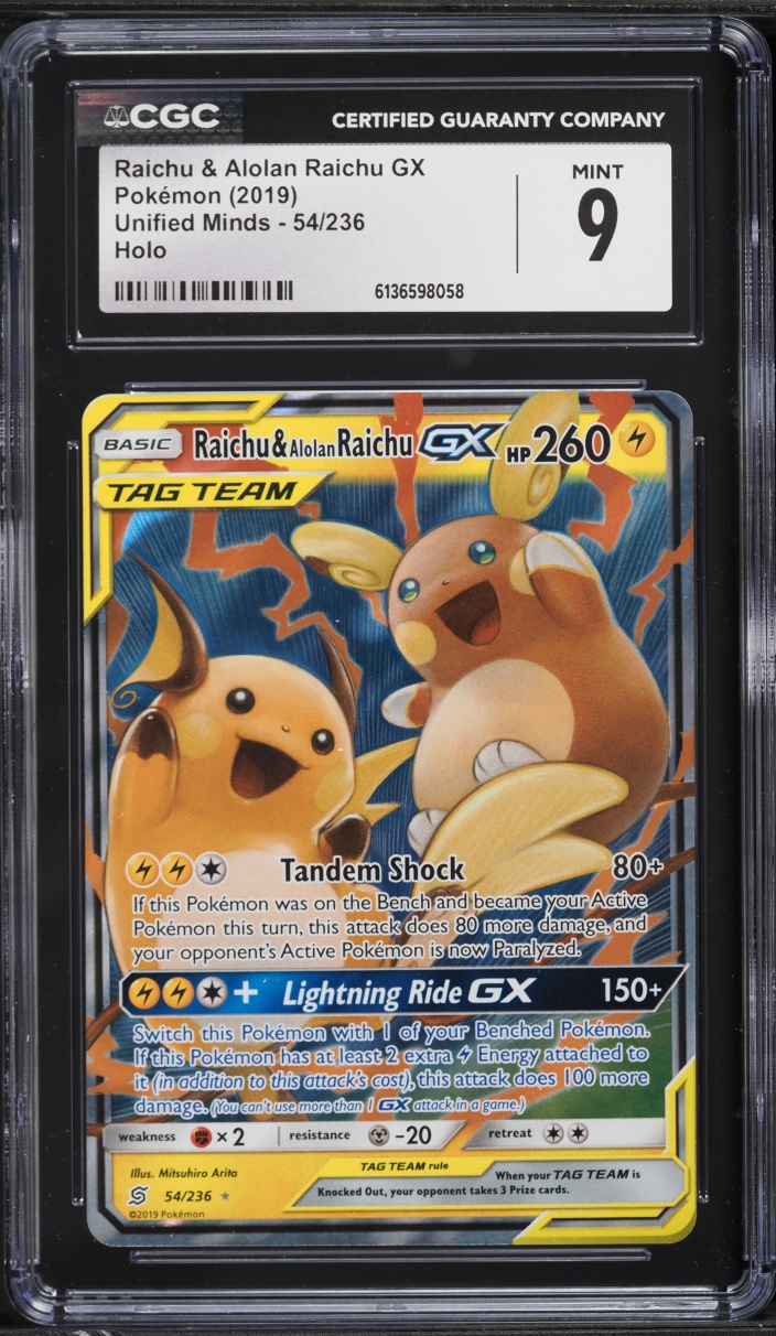 2019 Pokemon Sun & Moon Unified Minds Raichu & Alolan Raichu GX #54 CGC 9 MINT