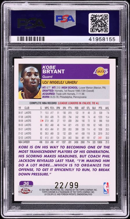 2003 Topps Chrome Gold Refractor Kobe Bryant /99 #36 PSA 10 GEM MINT