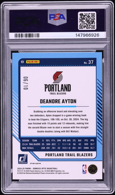 2024 Donruss Optic Gold International Deandre Ayton /10 #37 PSA 10 GEM MINT - Photo 2