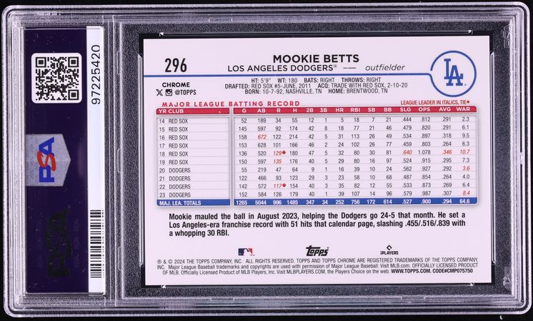 2024 Topps Chrome Variation Mookie Betts #296 PSA 9 MINT - Photo 2