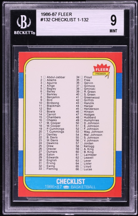1986 Fleer Basketball Checklist 1-132 #132 BGS 9 MINT