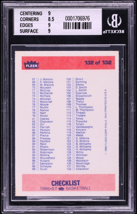 1986 Fleer Basketball Checklist 1-132 #132 BGS 9 MINT - Photo 2