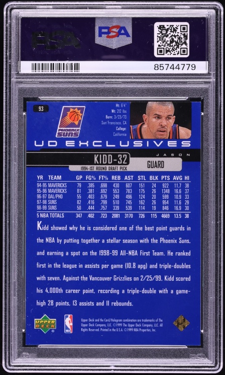 1999 Upper Deck Gold Jason Kidd 1/1 #93 PSA 8 NM-MT - Photo 2