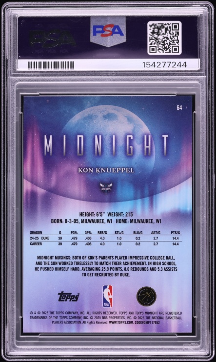 2025 Topps Midnight Black Light Kon Knueppel ROOKIE 1/1 #64 PSA 10 GEM MINT - Photo 2