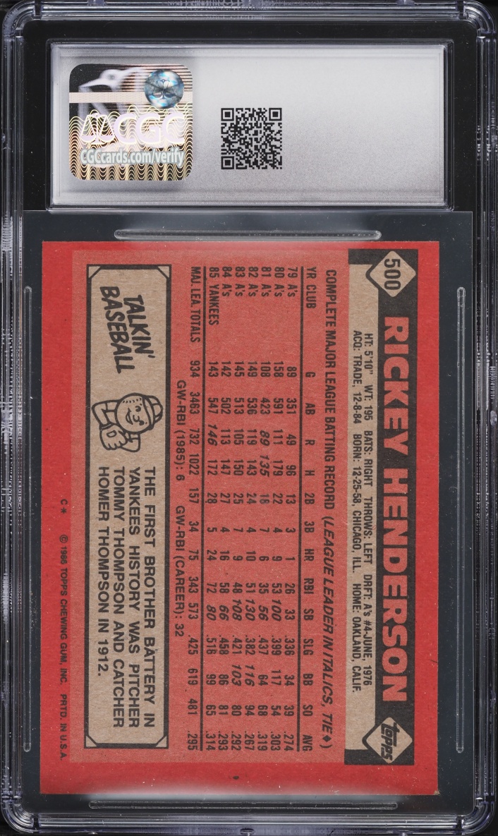 1986 Topps Rickey Henderson #500 CGC 8 NM-MT