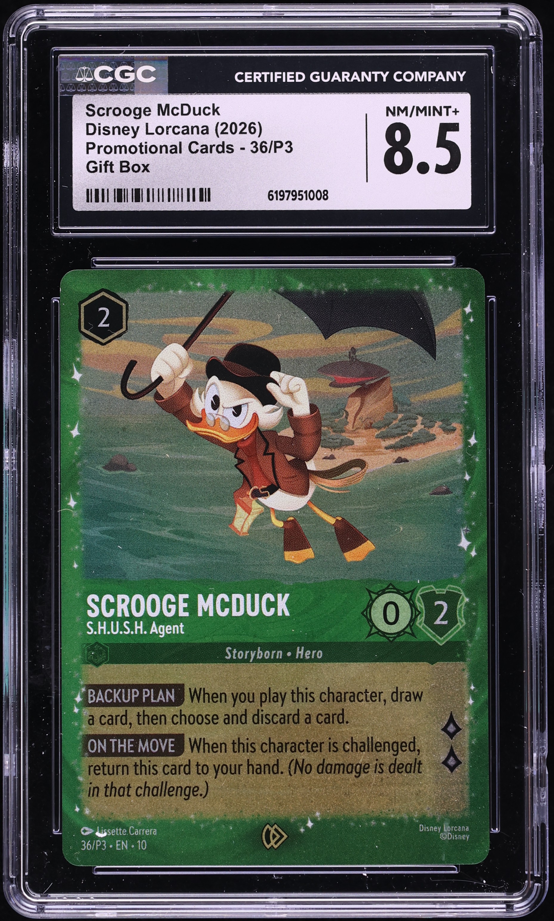 2026 Disney Lorcana Promo Gift Box Scrooge McDuck S.H.U.S.H. Agent #36 CGC 8.5 NM-MT+